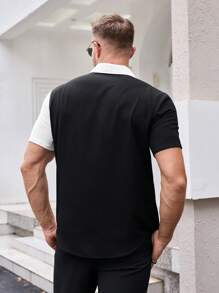 BRENVORS Musclefit 男士梭织时尚日常成熟休闲黑白撞色缝线修身短袖衬衫，旅行必备，夏季，男友，毕业礼物，健身必备 - 黑色 - 查看 2