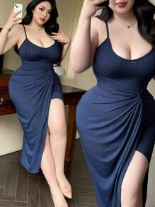 Vibekara Plus Size Solid Cross Front Slit Strap Dress