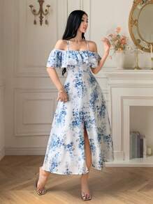 DAZY Elegant Floral Off Shoulder Ruffle Hem Tied Waist Mid-Calf Dress For Women, Summer