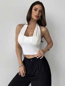 Firerie 女士优雅简约性感时尚新款休闲音乐节网眼露背紧身白色短款上衣 - 白色 - 查看 7