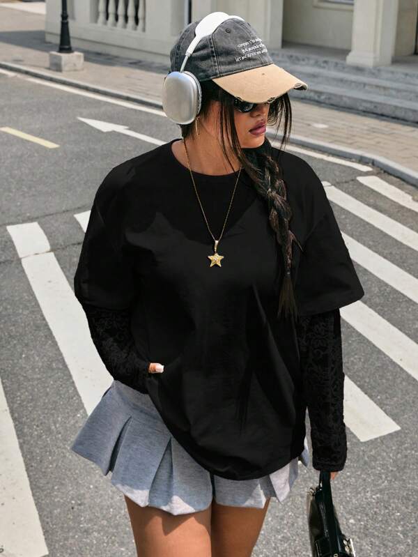 SHEIN EZwear Plus Size Summer Casual Black Net Mesh Patchwork T-Shirt