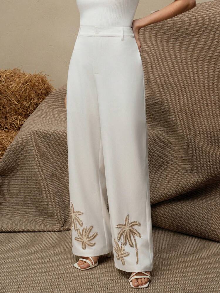 Women's Elegant High-Grade Beaded Embroidery Hem Mid-Waist Pants