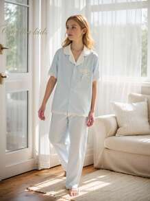 2 件套青少年女孩撞色领缎面蕾丝边短袖上衣和裤子睡衣套装