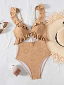 Swim Mod Women's Summer Beach Vacation Jacquard Ruffle Trim Hollow Front Knot One Piece Swimsuit - Khaki - View 4