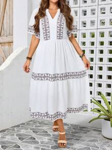 大码女式几何印花V领荷叶边短袖度假连衣裙 - 白色 - 查看 9