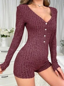 女士罗纹V领长袖连体裤家居服，舒适保暖，秋冬款 - 紅色 - 查看 4