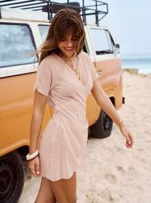 Swim Vcay Vacation Style Solid Color Waist Tie Short Sleeve Cover Up For Women