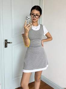 SHEIN Teen Girls' Casual Simple Comfortable Patchwork Contrast Color Round Neck Short Sleeve Snug Fit Dress - Light Grey - View 3