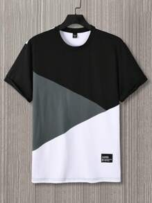 Manfinity Homme 男士撞色圆领休闲短袖T恤，夏季百搭 - 黑色 - 查看 5