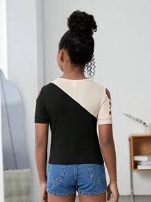 SHEIN Áo thun tay lỡ đan màu tương phản cho bé gái tuổi mới lớn - Nhiều màu - Xem 3