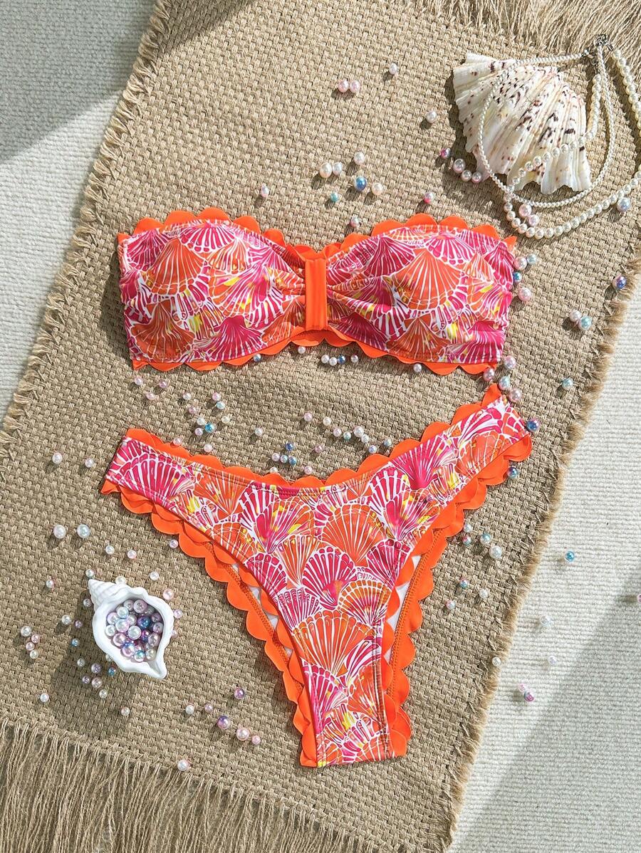 Swim Mod Conjunto de bikini de 2 piezas con estampado de flor de cerezo, top sin tirantes y Bottom, traje de baño de moda para mujer para vacaciones en la playa, nuevo lanzamiento 2025