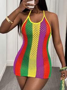 Slaydiva Vestido de suéter mini con tirantes de colores y espalda descubierta para mujer - Multicolor - Ver 8