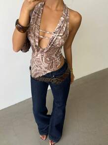 Aloruh Parte superior elegante y sexy para mujer, ideal para festivales de música, conciertos, uso diario y casual, estilo Y2K para chicas jóvenes, parte superior retro de malla tejida con estampado marrón, estilo bohemio chic para vacaciones, escote en V profundo, cuello halter, espalda descubierta, camisola con estampado de flor de anacardo, atuendos para graduación y regreso a la escuela