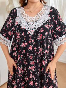 SHEIN Najma V 领短袖刺绣碎花蕾丝休闲宽松浪漫优雅束腰连衣裙，百搭舒适，适合大码女性，适合度假/度假