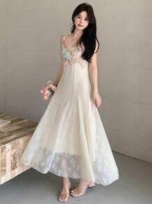 DAZY Women's Korean Style Summer Heavy Floral Decor Romantic Garden Lace Midi Dress