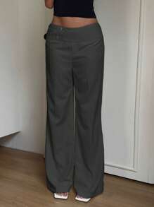 SHEIN EZwear 女士休闲通勤深灰色低腰阔腿裤