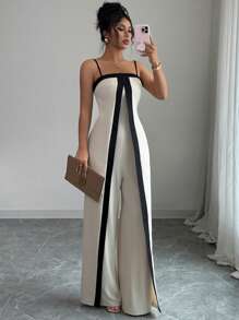 Rafferiza 女式夏季简约撞色连体裤 - 杏色 - 查看 1