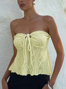 Siren Gaze Women's Solid Color Cold Shoulder Tie-Front Ruffled Textured Top Summer