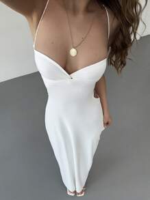Aloruh Women's Solid Color Backless Halter Cutout Dress Vacation Dress, Going Out - White - View 5