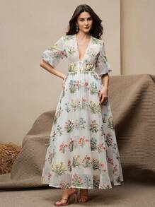 Anewsta Women Elegant Colorful Hollow Embroidered V-Neck Puff Sleeve Cinching Waist-Up Long Dress - White - View 3