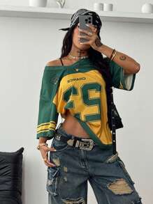 SHEIN Coolane Camisetas con cuello en V y malla transpirable de estilo deportivo y urbano para mujer, tipo jersey de Brasil para el verano - Multicolor - Ver 2