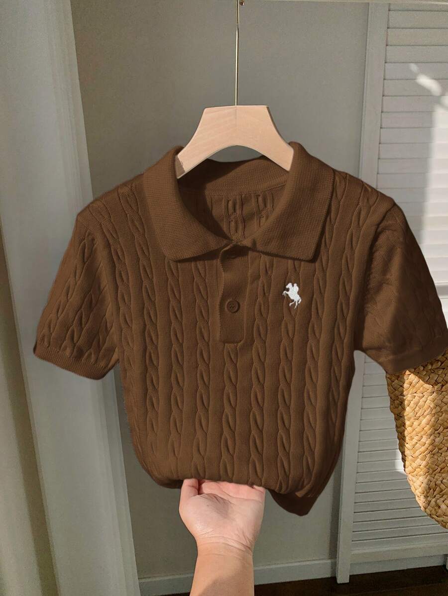 Comfortcana 女式棕色短袖休闲针织上衣，夏季 - 棕色 - 查看 1