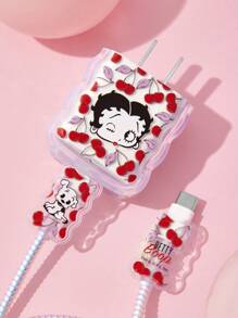 Betty Boop x SHEIN Data Cable Protective Cover, Suitable For IPhone Charger, Cherry Printed Pattern, 3 Pieces Set Of Mobile Phone Cable Protectors, Charger Protector (Excluding Data Cable),Gift Ideas,Party,Holiday,Valentine's Day - Clear - View 2