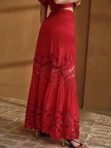 MOTF PREMIUM LINEN CONTRAST LACE SKIRT - Red - View 3