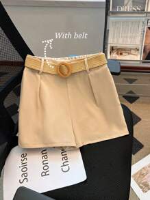 Franclia Women Textured Woven Belt Casual Office Wear Shorts - Khaki - View 1