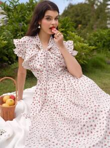 Modelyn Women's Ditsy Floral Tie Collar Bubble Short Sleeve Vacation Dress