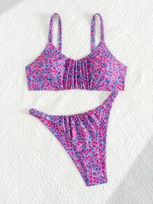 SHEIN Swim Mod 加大码 2 件植物印花褶皱前短款上衣和褶皱腰休闲宽松女式沙滩装套装 - 彩色 - 查看 3