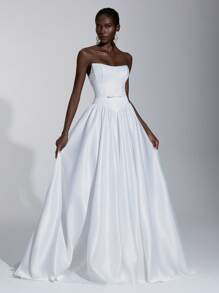 Elitara 优雅奢华的白色露肩连衣裙，配有蝴蝶结腰带和超大喇叭裙摆，带拖尾，适合婚礼、派对、蜜月 - 米色 - 查看 4