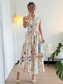 Breezaya 女士优雅花卉印花 A 字形系腰连衣裙