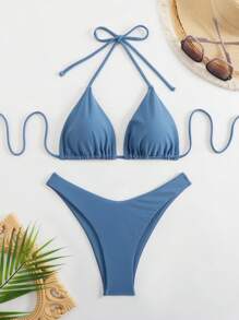 Swim Basics Bikini de dos piezas para mujer de unicolor de verano con escote halter y lazo delantero, sexy