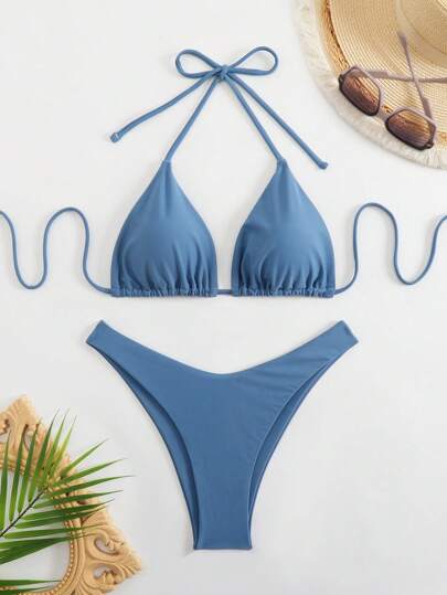 Swim Basics Women's Summer Beach Solid Color Halter Tie-Front Sexy Bikini Two-Piece Swimsuit Blue