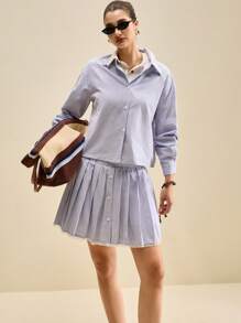 Muvela 2 件女式夏季条纹长袖衬衫和百褶迷你裙套装，优雅女士装 - 藍白色 - 查看 6