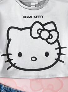 HELLO KITTY AND FRIENDS | SHEIN Tween Girl Cartoon Print Grey Casual Short Sleeve T-Shirt, Summer