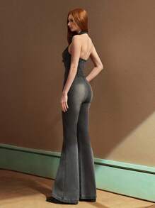 SHEIN BAE 女式 V 领无袖修身腰牛仔连体裤，夏季时尚 - 淺灰色 - 查看 8