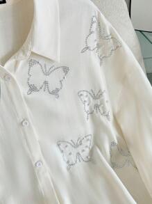 Modelyn Plus Size Women Elegancka bluzka z długim rękawem ze strasami i sztucznymi perłami, top w stylu arabskim