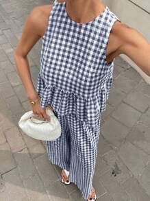 Siren Gaze 2025年波西米亚风夏季女装：格子荷叶边无袖露背上衣和阔腿裤套装 - 适合度假、节日、海滩休闲两件套，采用透气亚麻质感面料。女士夏季服装，女士夏季套装，夏季服装，夏季工作连衣裙，女士服装，格子套装，两件套，女士格子两件套，休闲两件套，夏季两件套，格子套装，方格两件套，格纹 - 藏蓝色 - 查看 4