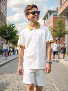 2pcs/Set Tween Boys' Casual Vacation Sporty Textured Fabric Polo Shirt And Elastic Waist Shorts, White Animal Pattern, Spring/Summer Wear