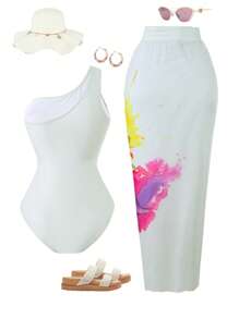 Swim Oasis 大码女式连体泳衣，多色印花，搭配印花网眼长裙，性感优雅的海滩度假套装 - 彩色 - 查看 2