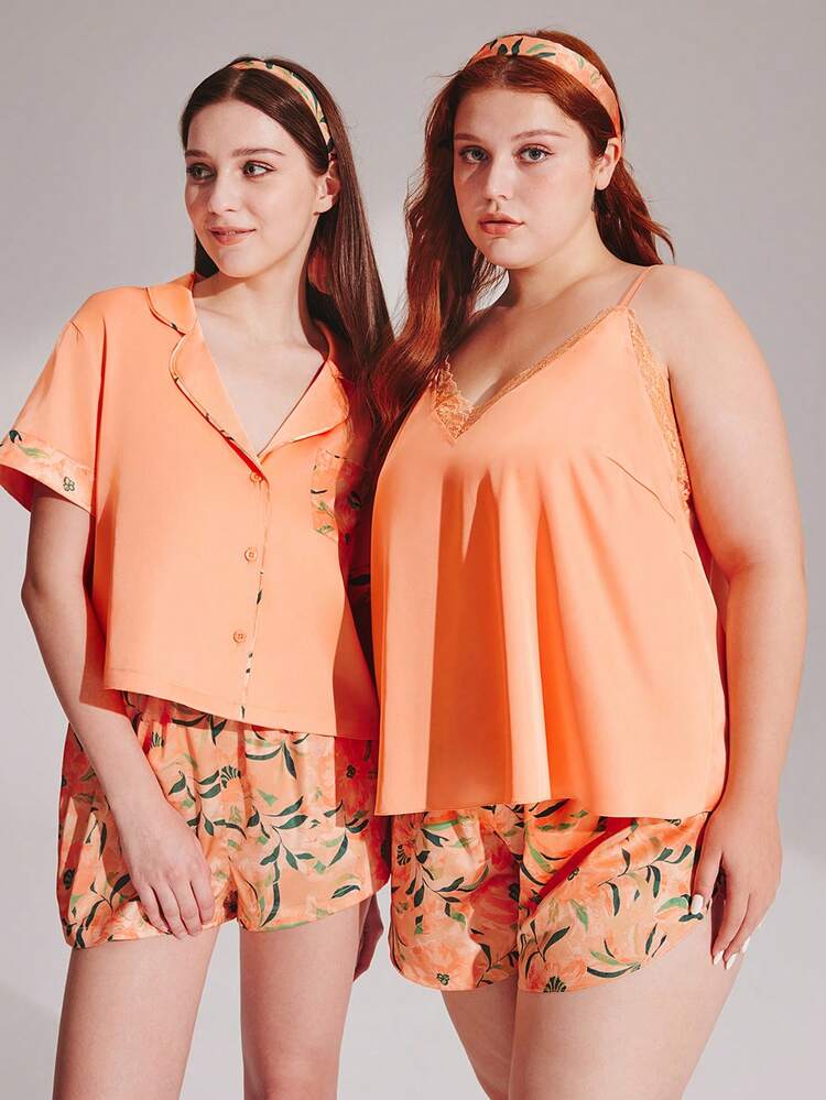 플러스 실키 새틴 레이스 트림 오렌지 V넥 휴가 플로럴 패턴 캐미솔 탑 & 반바지 통기성 라운지웨어 잠옷 세트 여성 란제리용 파격적인 섹시함, 봄과 여름