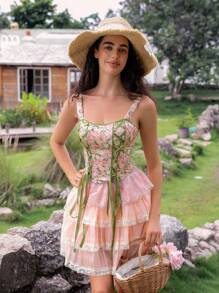 SHEIN 1pc Women Lace Patchwork Graphic Print Body Shaper Top - Multicolor - View 3