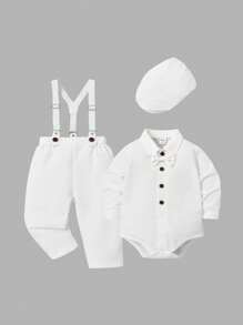 SHEIN 三件套长袖套装：白色长袖纽扣衬衫、白色背带裤和灰色贝雷帽。适合作为宝宝的第一个母亲节服装。衬衫领口简洁利落，背带裤肩带可调节，搭配一顶时尚的灰色贝雷帽，整体造型更显完美。