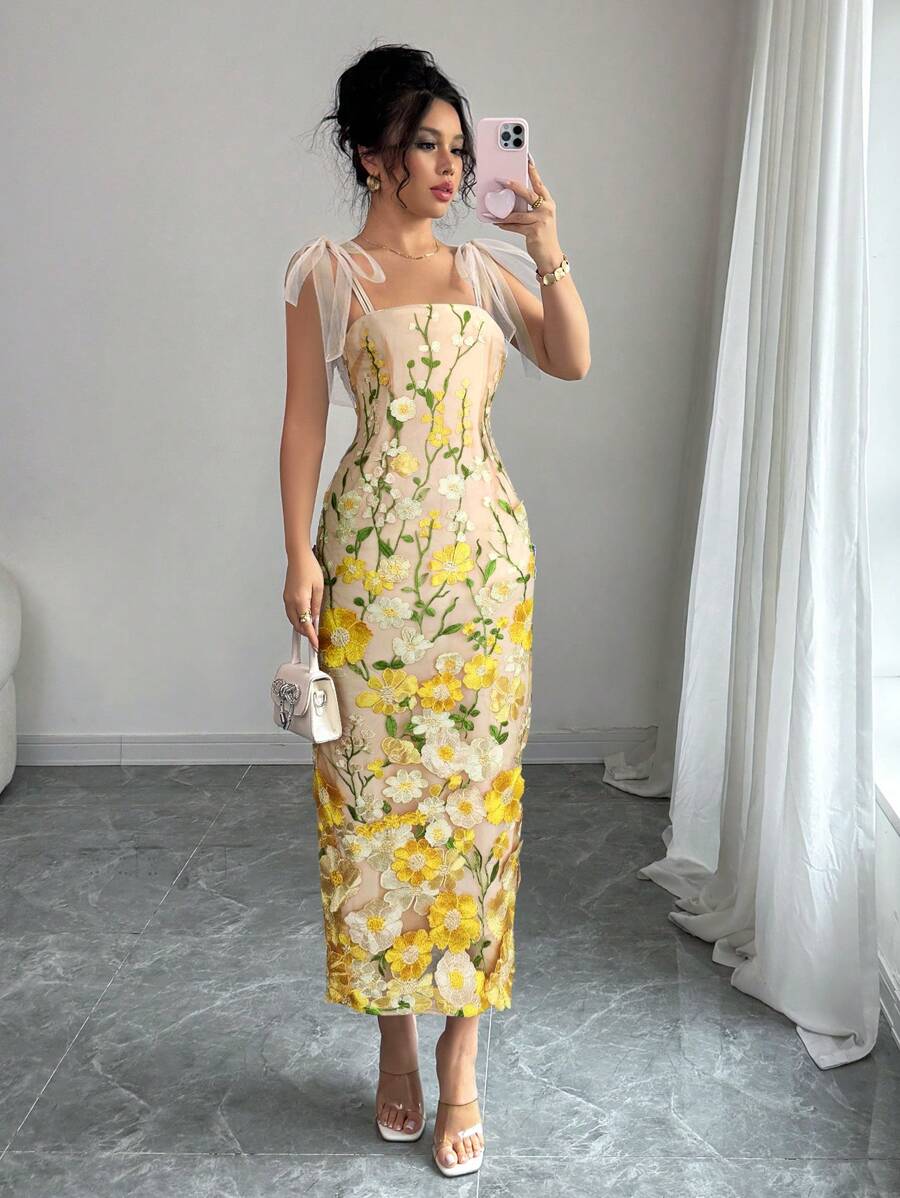 Elenzga Women's Elegant Mesh Flower Decor Strap Cinched Waist Sleeveless A-Line Long Dress, Suitable For Outing