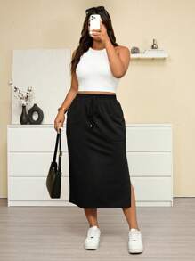 Calvaya 大码女式高腰A字休闲短裙，侧开衩 - 黑色 - 查看 4
