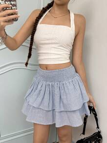 SHEIN Teen Girl Casual Minimalist Comfortable Striped Ruffle Hem Short Skirt