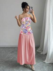 Elenzga 女士花卉印花抹胸连衣裙 女式长款套装 - 彩色 - 查看 3