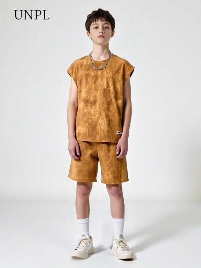 SHEIN Teenager Boy Tie-Dye Print Round Neck Tank Top & Loose Shorts Set, Suitable For Daily Wear, For School, Hang Out With Friends Or Shopping